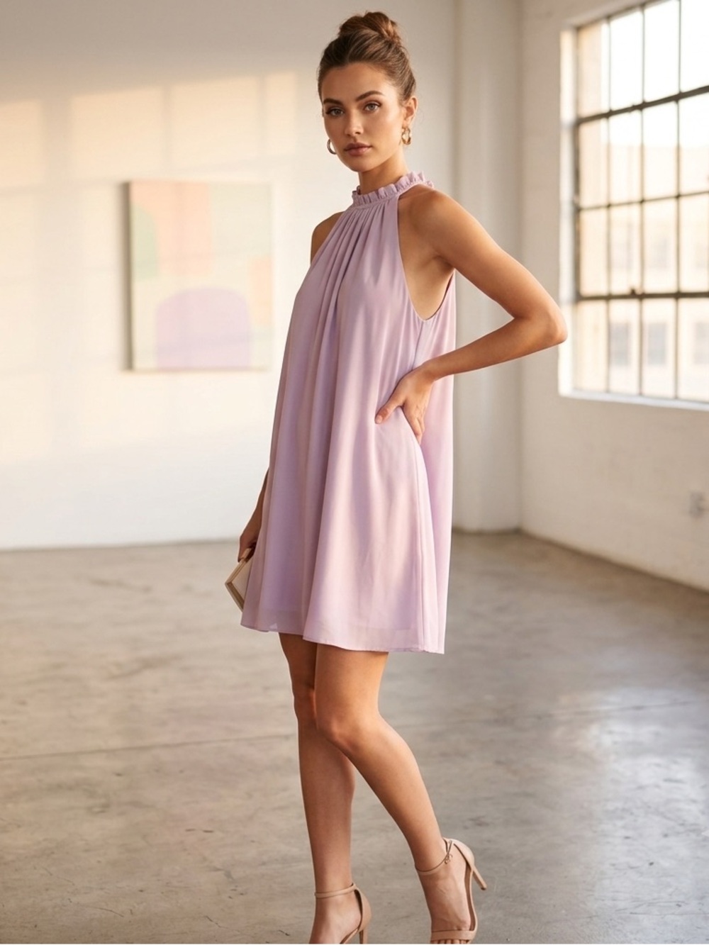 Everly Lavender Pink Ruffle-Neck Mini Shift Dress, Size Small, Open Chiffon Back
